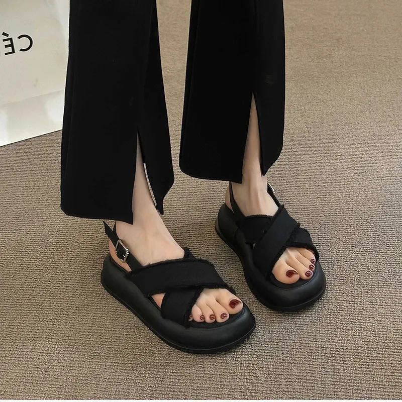 Gladiator Sandals For Women Denim Thick Sole Elegant Beach Shoes_voghion.com