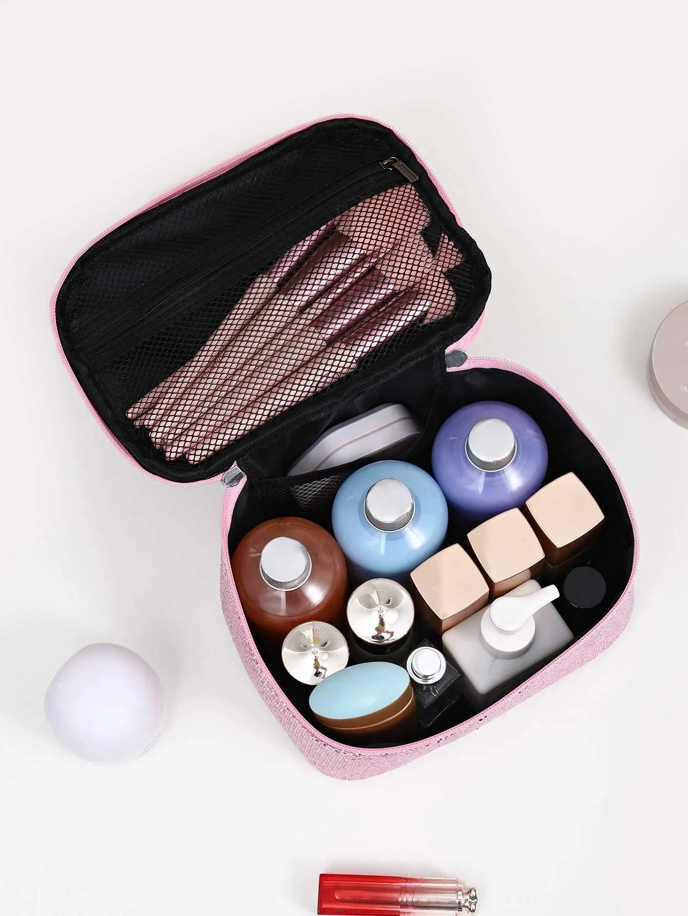 Tragbare, faltbare Make-up-Tasche mit rosa Glitzer Y241023_voghion.com