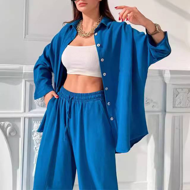 Costume décontracté à la mode, couleur unie, revers, chemise à manches longues, haut, pantalon sarouel, costume deux pièces