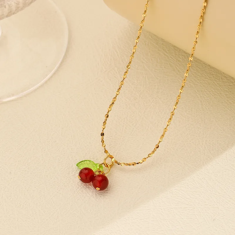 Pendant Necklaces Shoemaking Lovely Cherry Fruit Necklace Stainless Steel Fashion Student Jewelry For Girls Ladies Gift_voghion.com