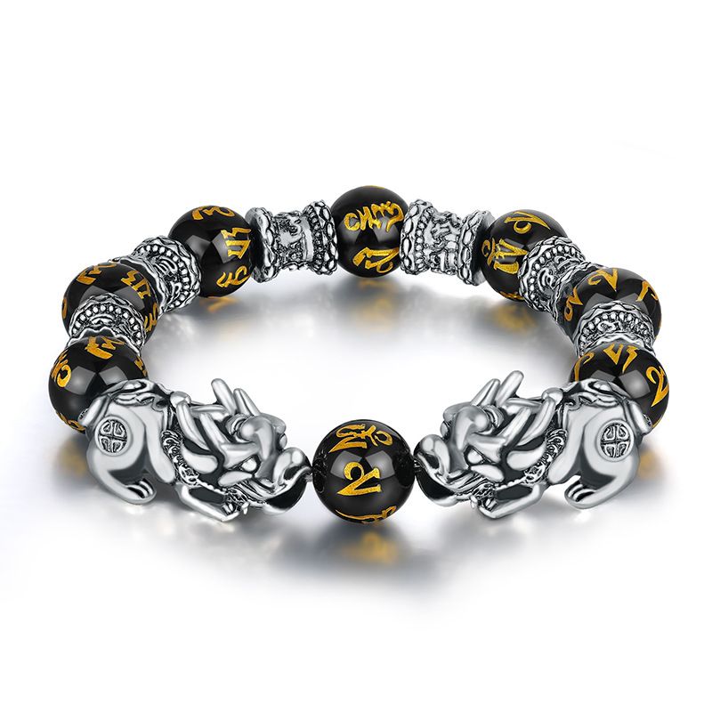 Sterg 3D Hard Retro Men's Domineering Thai Brave Fortune Ancient Sier Obsidian Beads Bracelet_voghion.com