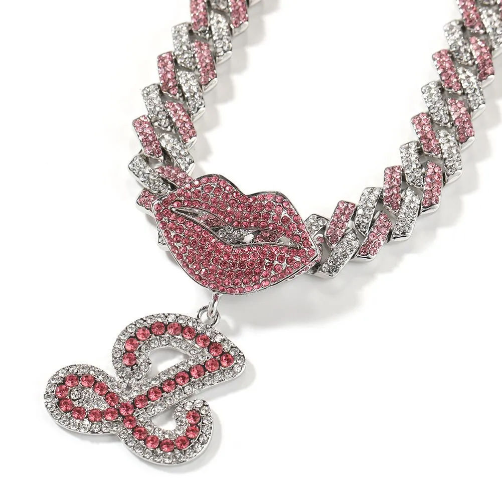 Collier avec pendentif en forme de lettre A-Z et fermoir à lèvres style hip-hop en alliage plaqué or et zircon_voghion.com