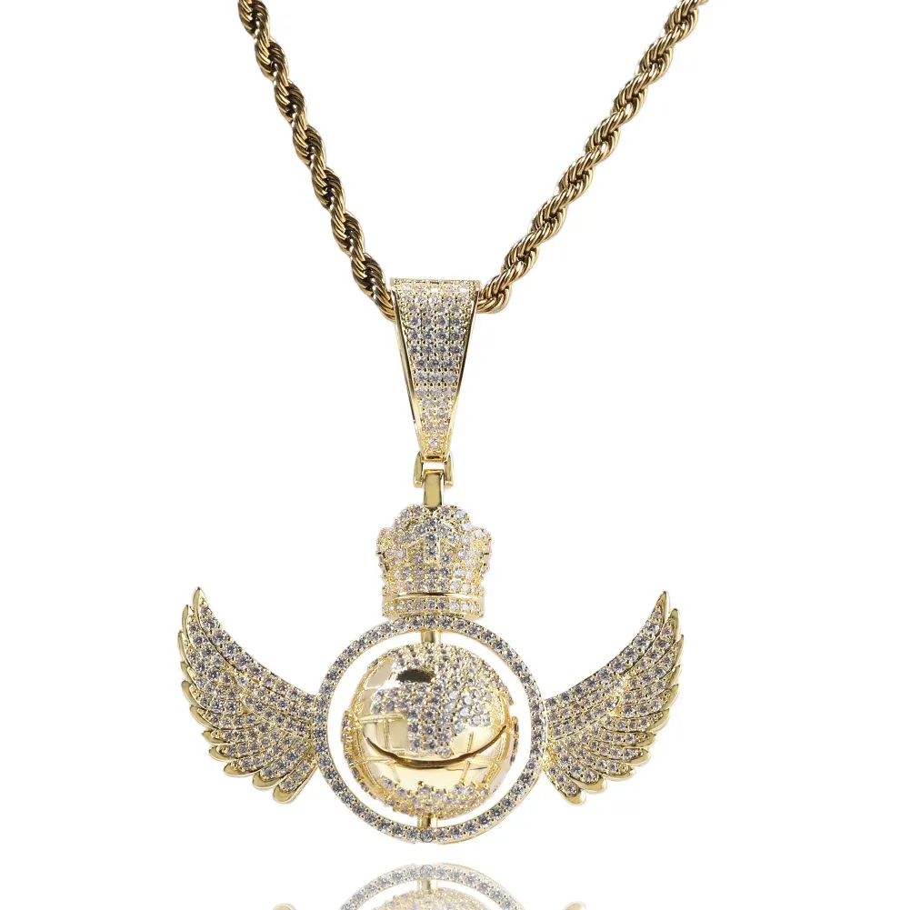Hip Hop Engelsflügel drehen den Globus Anhänger Halskette voller 5A Zirkon echt vergoldet Schmuck_voghion.com