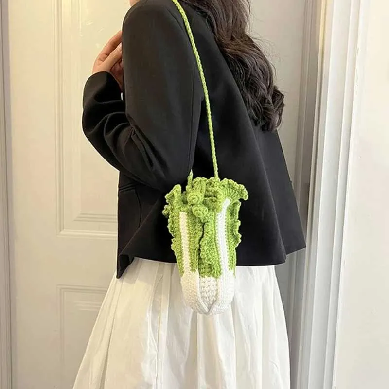 Grappige gebreide kool emmer handtas vrouwen lente zomer crossbody telefoon tas vrouwelijke meisjes casual kleine tas winkelen_voghion.com