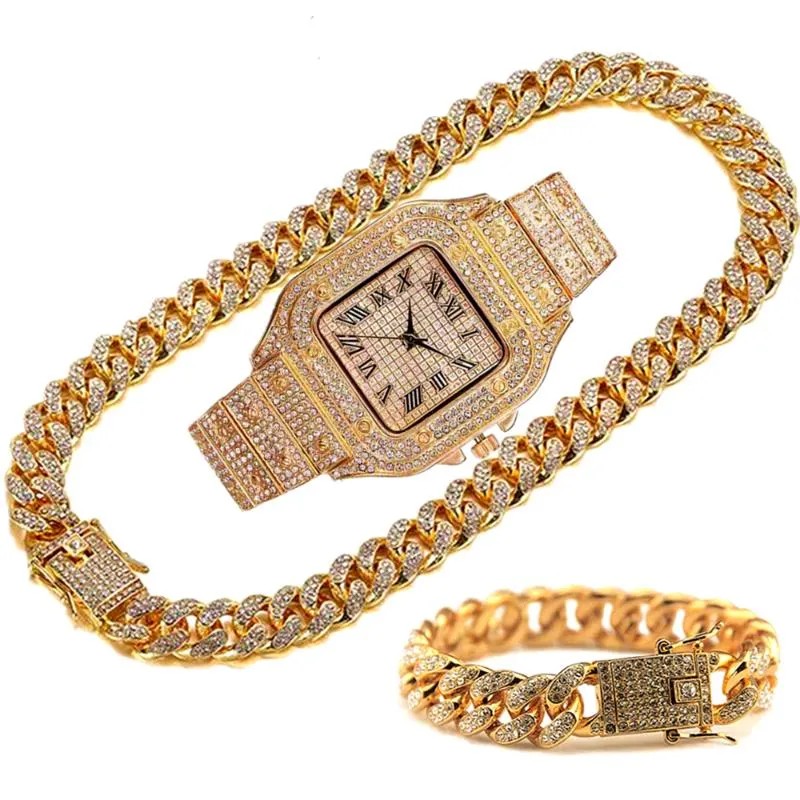 Ketten Iced Out Kette für Männer Frauen HipHop Miami Bling Cuban Big Gold Halskette Uhr Armband Strass Schmuckketten_voghion.com