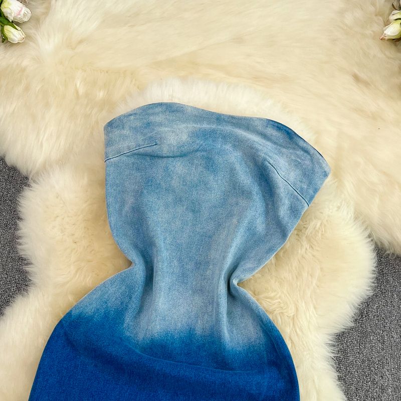 Women's color-changing tube top waist slimming mid-length back slit denim hip-hing dress_voghion.com