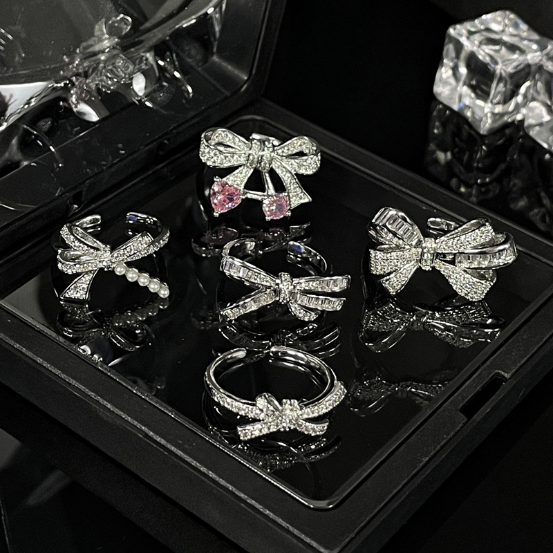 High end Light Luxury Full Diamond Zircon Bow Sweet Cool Open Female Instagram Cold Elegant Elegance Small and Popular_voghion.com