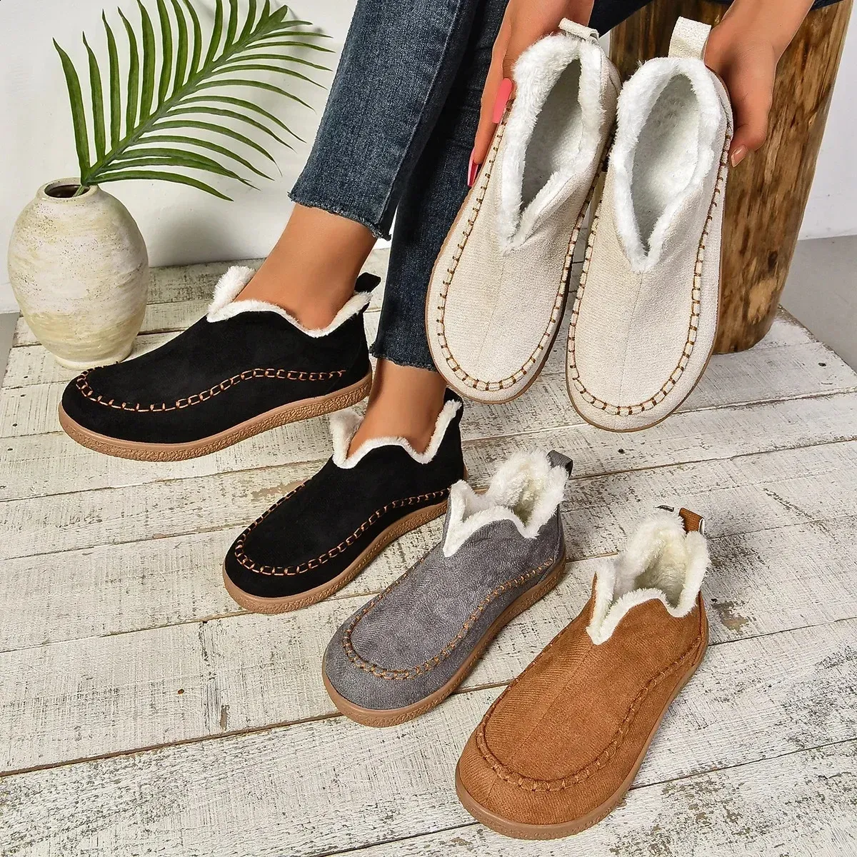 selg long sleeved womens winter round toe plush warm solid flat casual comfortable snow boots 240904_voghion.com