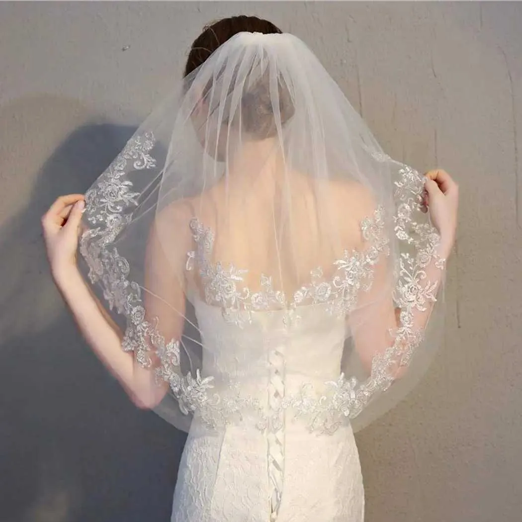 Gioielli per capelli da sposa in pizzo per spose, velo da sposa corto a 2 strati con applicazioni e pettine, veli in morbido tulle._voghion.com
