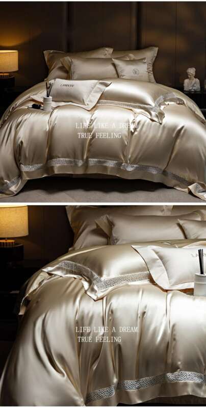 High End Water Gloss Silk Satin Ultra-fine Denier Lyocell Cotton Four Piece Hollow Out Light Luxury Duvet Set Bedding_voghion.com