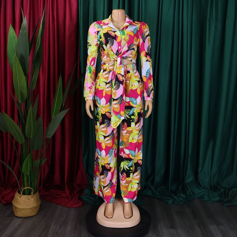 Women's Fashion Print Two-piece Lapel Tie Shirt Wide Leg Pants Suit_voghion.com