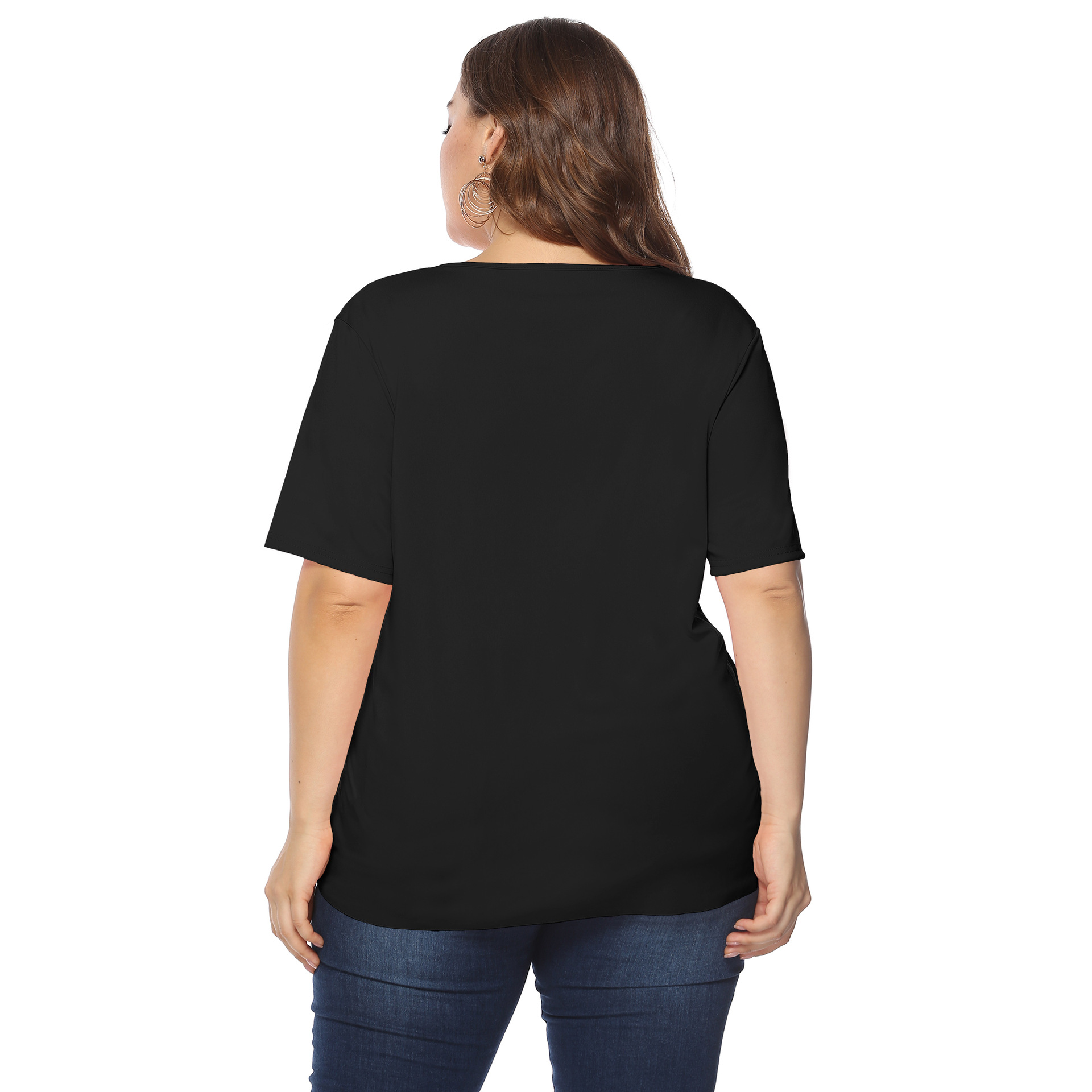 Women's tops large size women's clothing solid color burnt flower hollow wave edge casual short-sleeved T-shirt_voghion.com