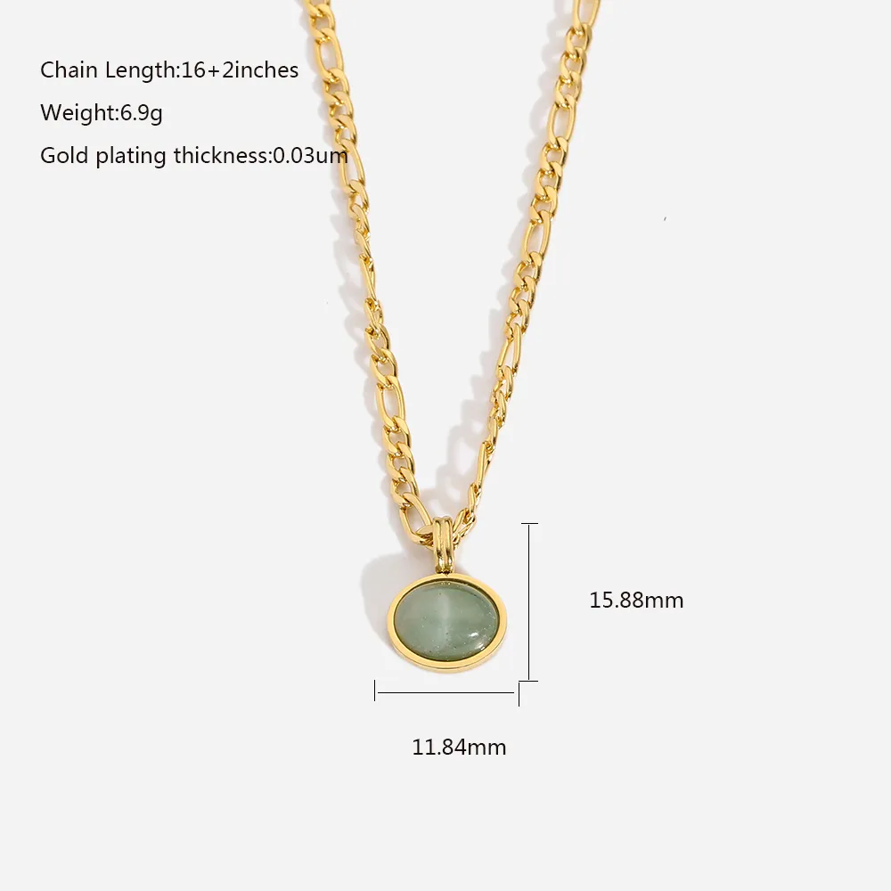 Grüner Aventurin Jade runder Anhänger Figaro Kette Edelstahl Halskette Ohrringe Set Vintage vergoldeter Schmuck für_voghion.com