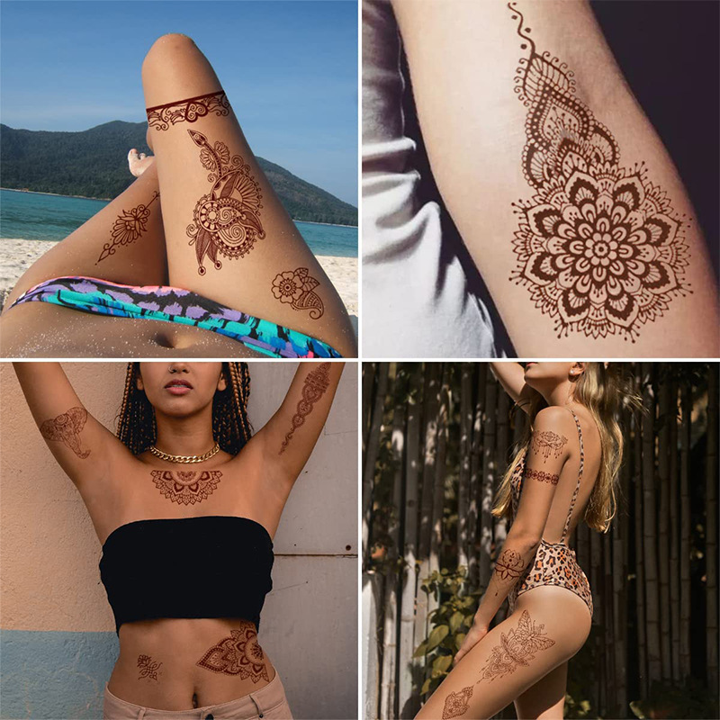 1PC Indian Lace Tattoo Stickers Red Brown Waterproof Semi-permanent Henna Tattoo Stickers Replaceable Tattoo Stickers_voghion.com