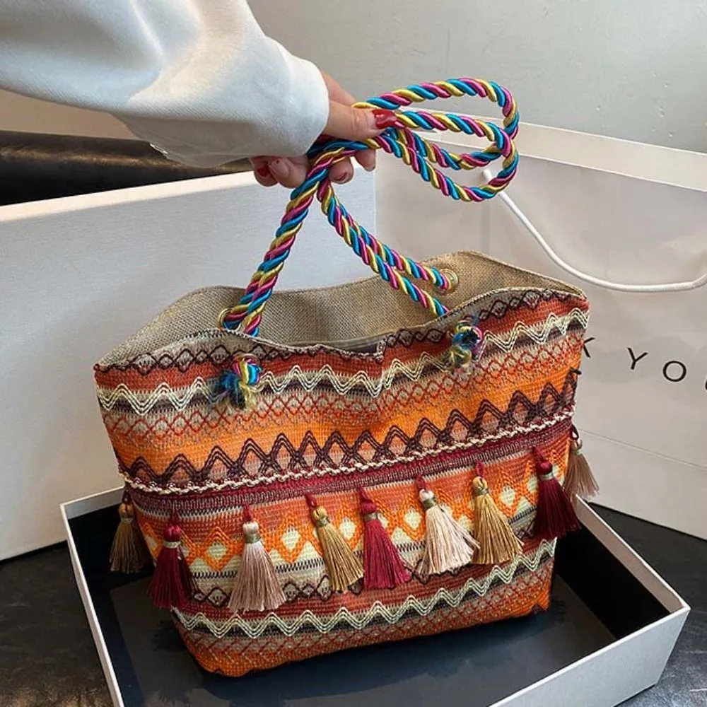 Stripe Ethnic Shoulder Tassel Large Capacity Canvas Colorful Handbag Travel Storage Bag Korean Style_voghion.com