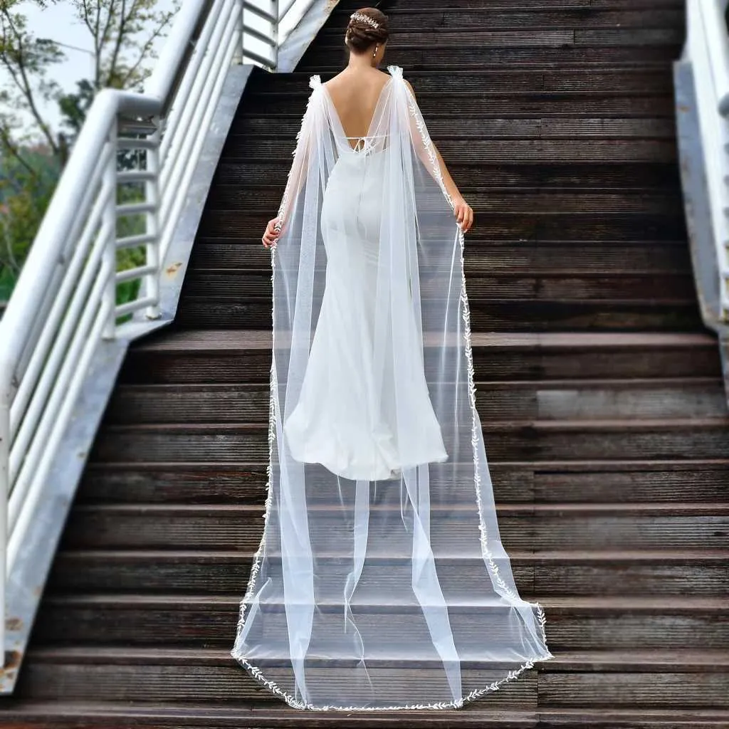 Gioielli per capelli Donna MZB26 Velo velato da cattedrale Mantello Avvolgente da sposa in pizzo floreale Elegante scialle da sposa con mantello lungo a foglie_voghion.com