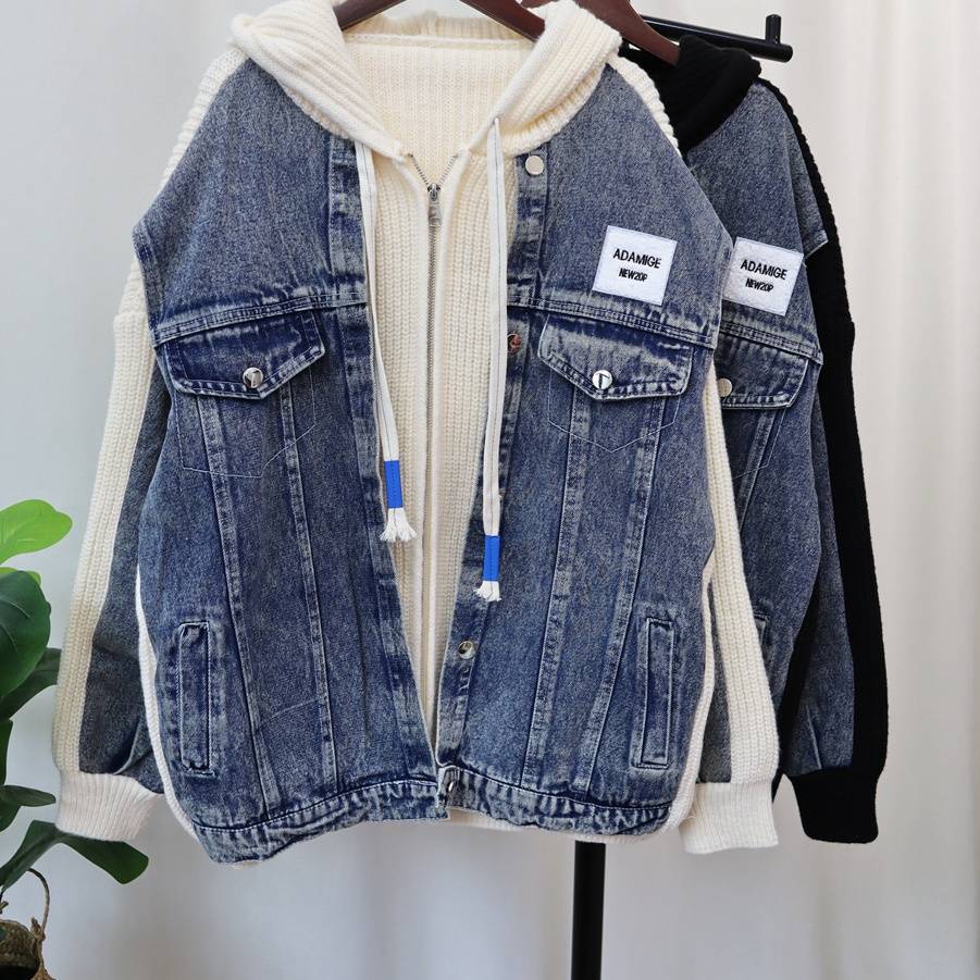 Vêtements pour femmes, veste pull zippée en patchwork de denim, cardigan tricoté à capuche ample et décontracté