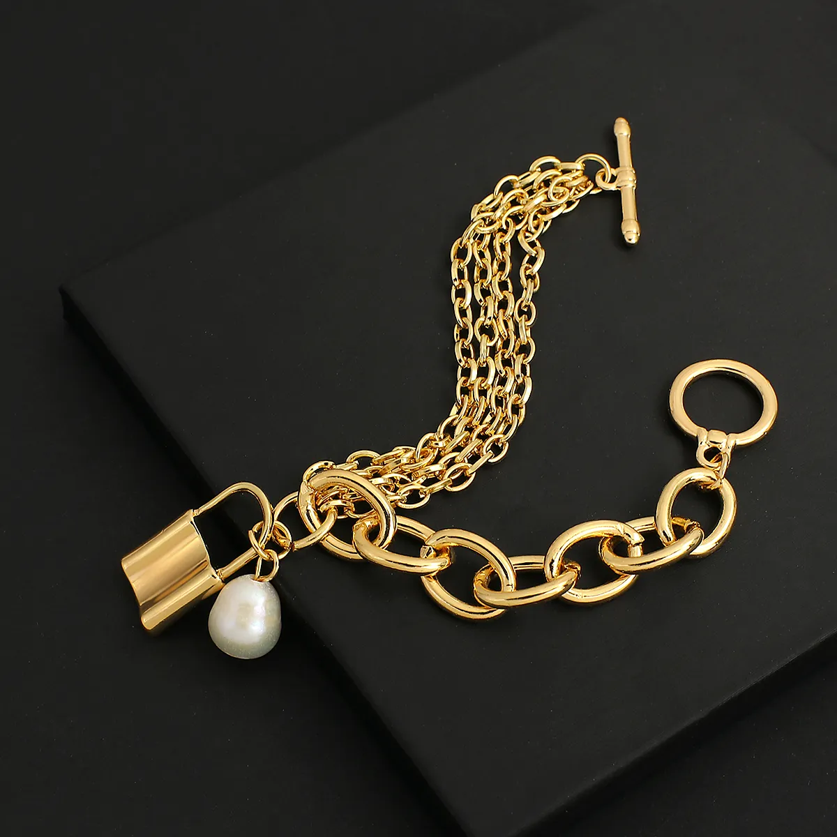 Brățări Flashbuy de culoare aurie, elegante, din metal, gros, lanț gros cu perle, pandantiv, bijuterii de modă, Pulseira_voghion.com