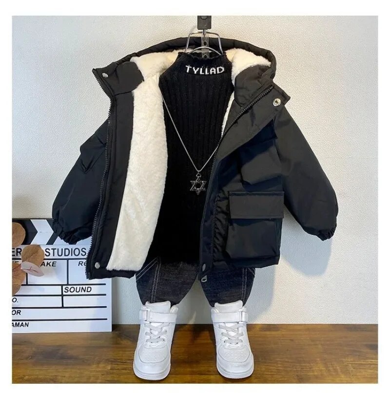 Nova jaqueta de algodão para inverno, casaco preto com capuz para meninos, roupas para crianças, adolescentes de 3 a 8 anos, parka acolchoado, traje de neve_voghion.com