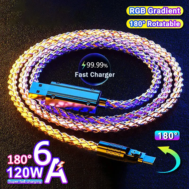 Câble de chargement USB-C pour voiture, lumière colorée RVB 120 W 6 A, transfert de données rapide, compatible avec iPhone/Samsung/Xiaomi_voghion.com