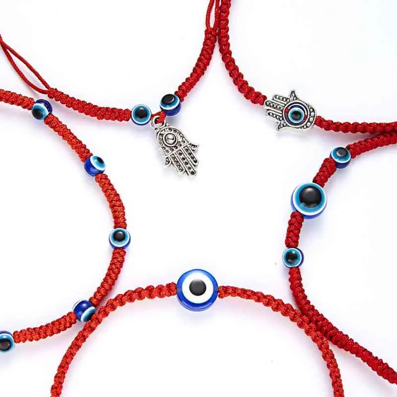 5-teiliges türkisches Armband-Set mit bösem Blick und Glücksbringer, Kabbala, rote Schnur, verstellbare blaue Perlen, Glücksschmuck, Unisex_voghion.com
