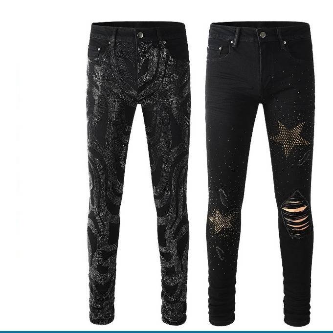Men's Slim Fit Rhinestone Jeans - Trendy Stretch Denim Pants With Vintage Wash For Streetwear & Casual Style​_mkmklike.com