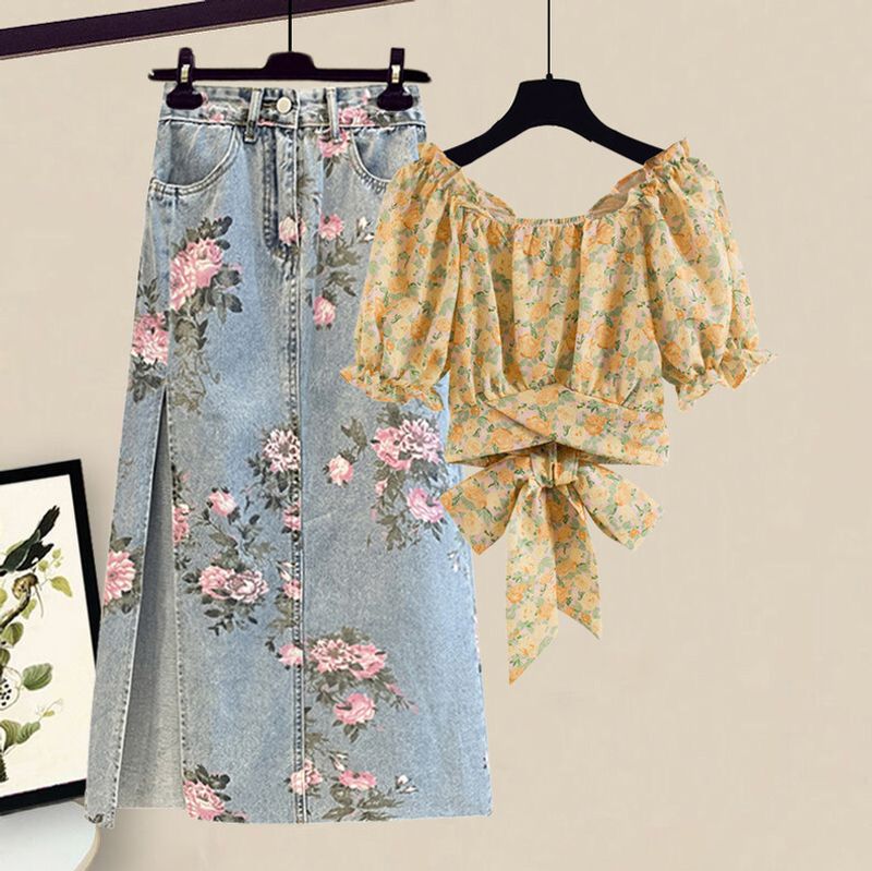 Vêtements pour femmes, haut à manches courtes, jupe en jean slim, ensemble deux pièces_voghion.com