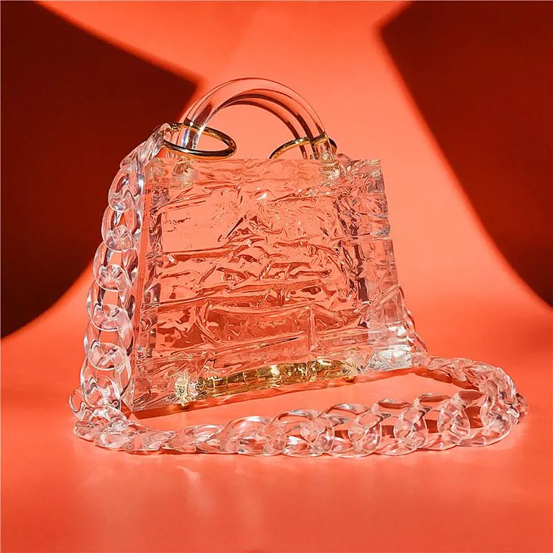 Borsa a mano trasparente con motivo a crepe di ghiaccio, pochette trasparente per donna, borsa da sera con secchiello e catena in acrilico 2024_voghion.com