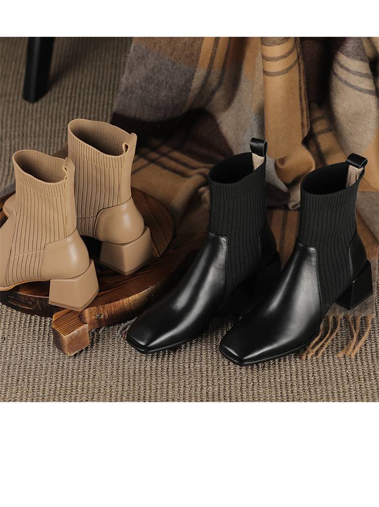 Women’s Autumn And Winter –1 Thick Mid-heel Square-toed Ankle Boots, Women’s Knitted