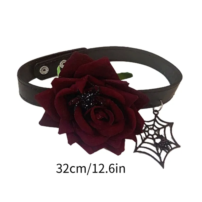 Gothic Rose Choker Necklace With Spiderweb And Skull Details_voghion.com