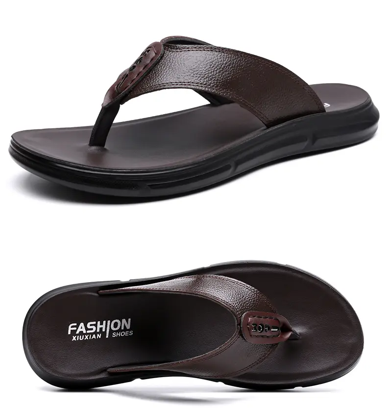 Sandálias de couro bovino de primeira camada, chinelos casuais de verão com estampa espinha de peixe, ideais para uso externo._voghion.com