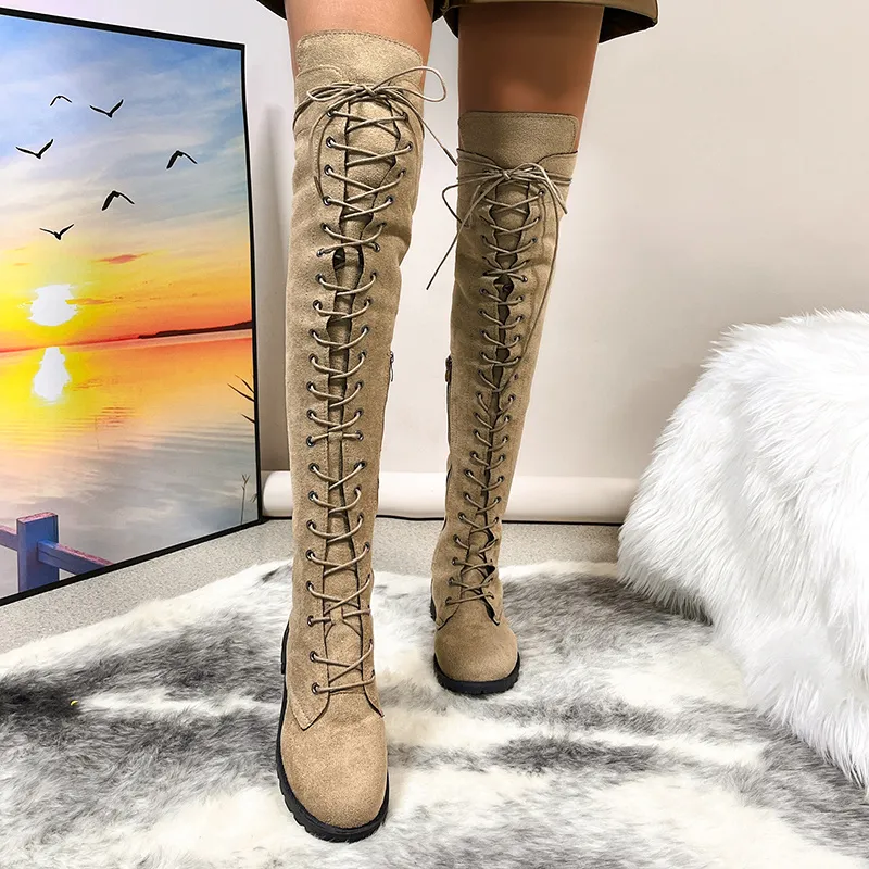 Overknee-Stiefel für Damen, einfarbige Schnürschuhe mit seitlichem Reißverschluss, runde Zehen, klobige Schuhe mit niedrigem Absatz_voghion.com