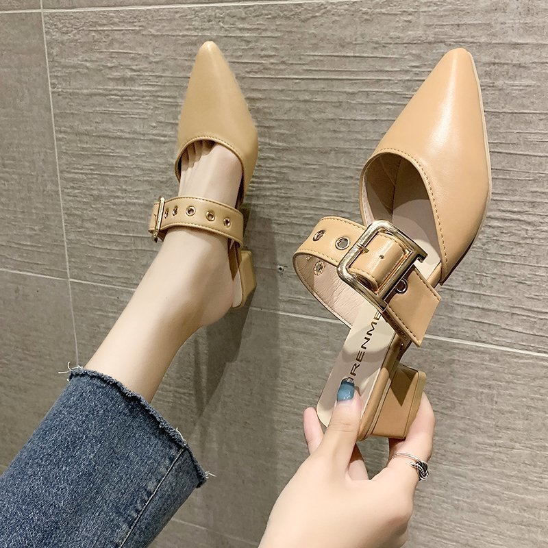 Half-Pack Women's Outdoor Pointed Toe Studded Chunky Heel Mules Closed-Toe Sandals Simple Fashion Single Shoes_voghion.com