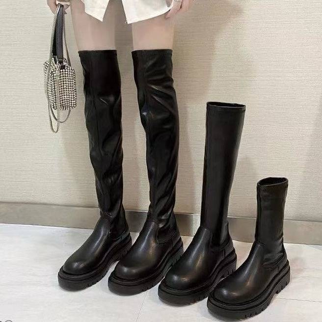 Botas altas elásticas por encima de la rodilla para mujer, botas de montar de tacón grueso, botas altas adelgazantes para mujeres pequeñas, botas casuales de invierno con punta redonda._voghion.com
