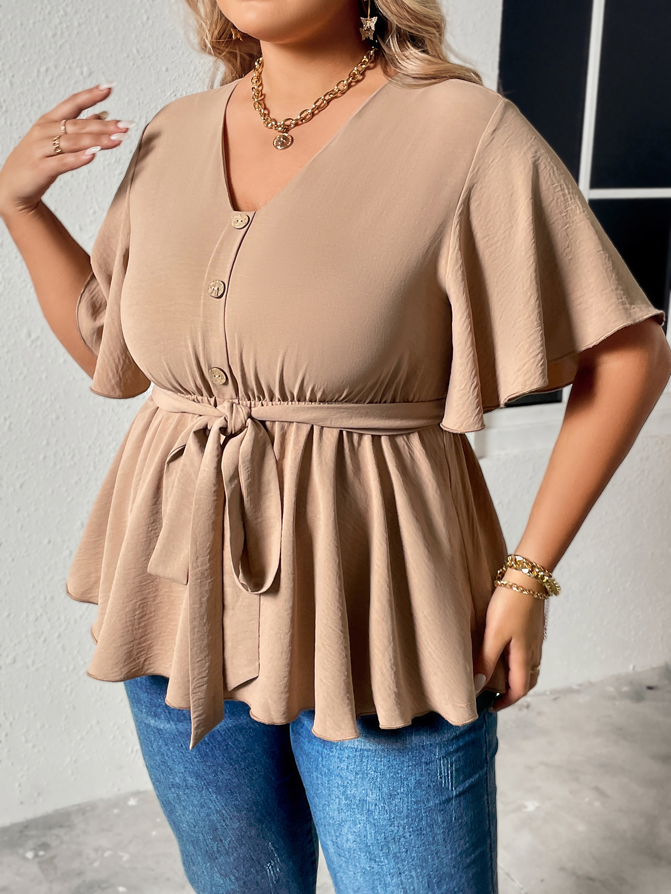 Damen V-Ausschnëtt Schlankheets-Tops fir grouss Gréissten MM Casual Damen_voghion.com