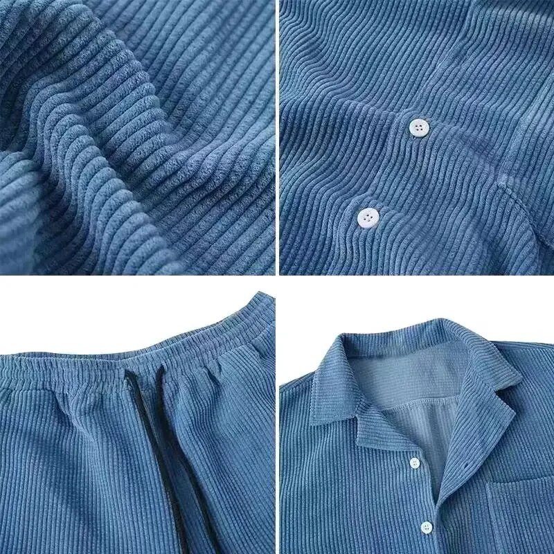 Spring Summer New Solid Men Corduroy Suit Short-sleeve Button Shirts And Shorts Two Piece Sets Casual Outfits Streetwear_voghion.com