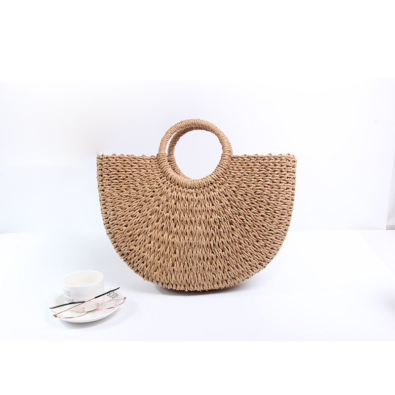 Spring Summer New Straw Paper Rope Round Bucket Simple Woven Bag Women's Style Casual Handbag_voghion.com