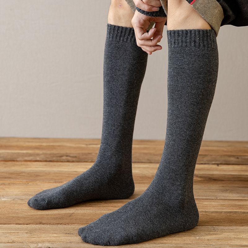 Herfst en nieuwe heren katoenen hoog geborstelde effen kleur warme lange winter dikke badstof sokken groothandel_voghion.com