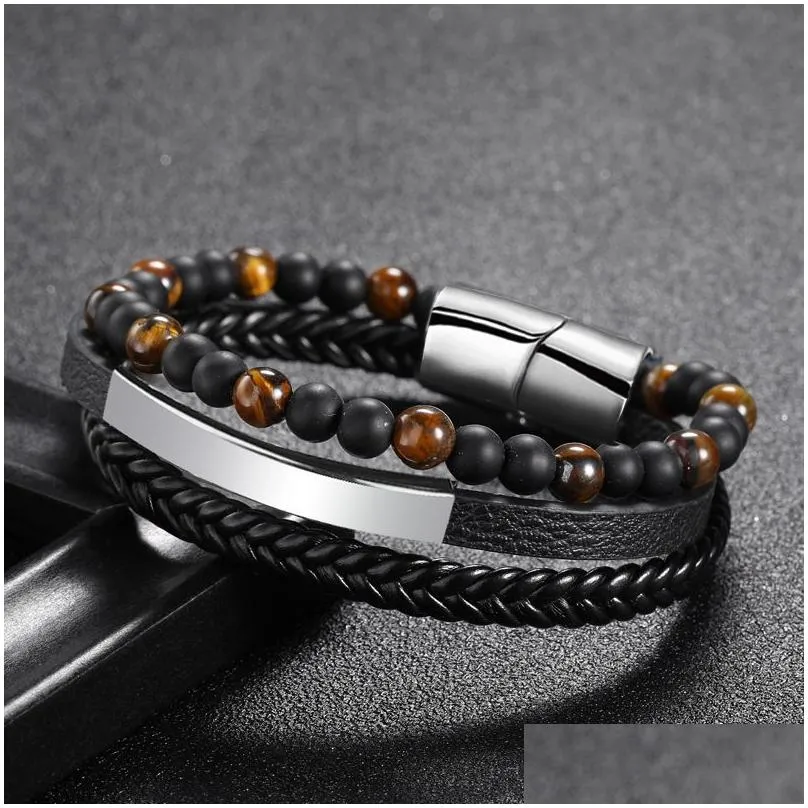 Multilayer Braided Leather Wrap Stone Lava Tiger Eye Natural Gemstone Bracelet Magnetic Clasp Bangle Cuff Wristband Drop_voghion.com