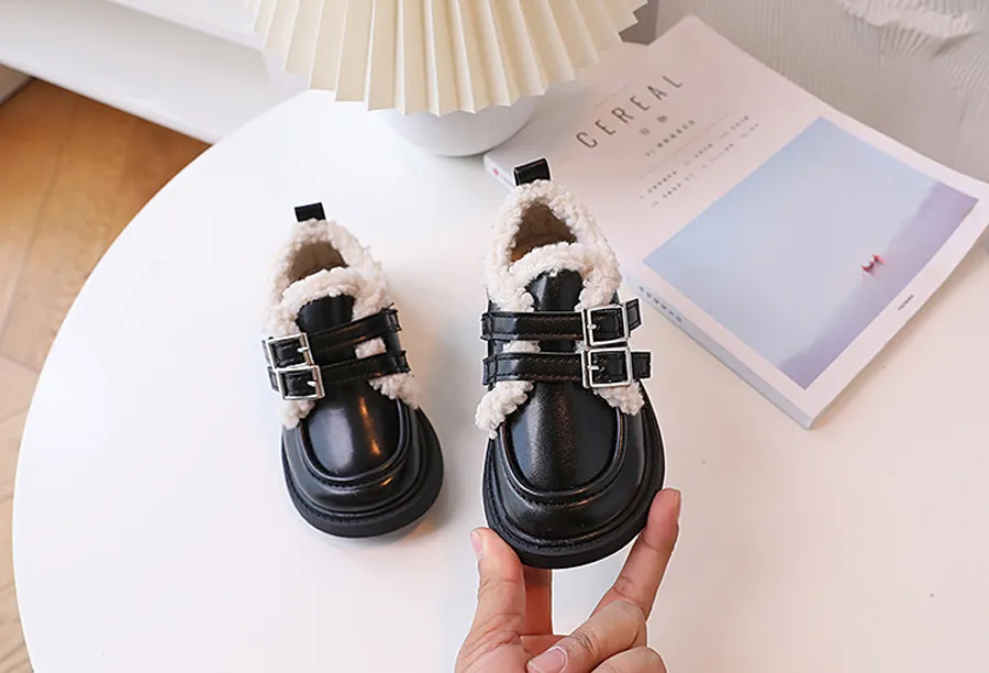 Children Leather Loafers For Boys Girls Winter Thick Soled Lamb Wool Warm Girl Uniform Princess School Cotton Shoes_voghion.com