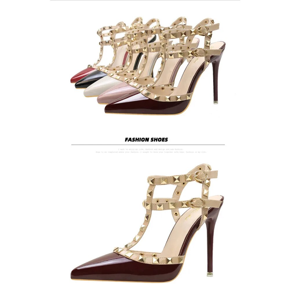 9616-56 styl wysokich obcasów, lakierowane skórzane nity metalowe, seksowne buty damskie do klubu nocnego, sandały rzymskie_voghion.com