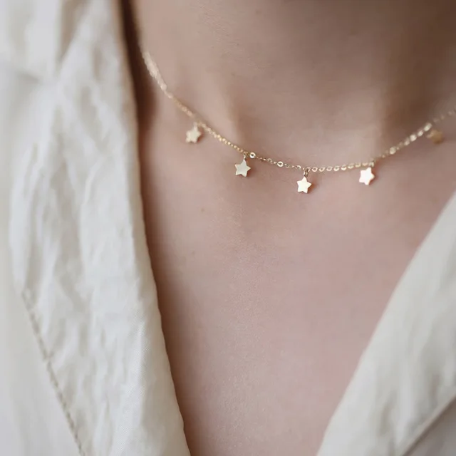 WOOZU Sterling Silver coreano lucido carino piccola stella clavicola collane per le donne nozze francesi placcato oro 14k gioielli_voghion.com