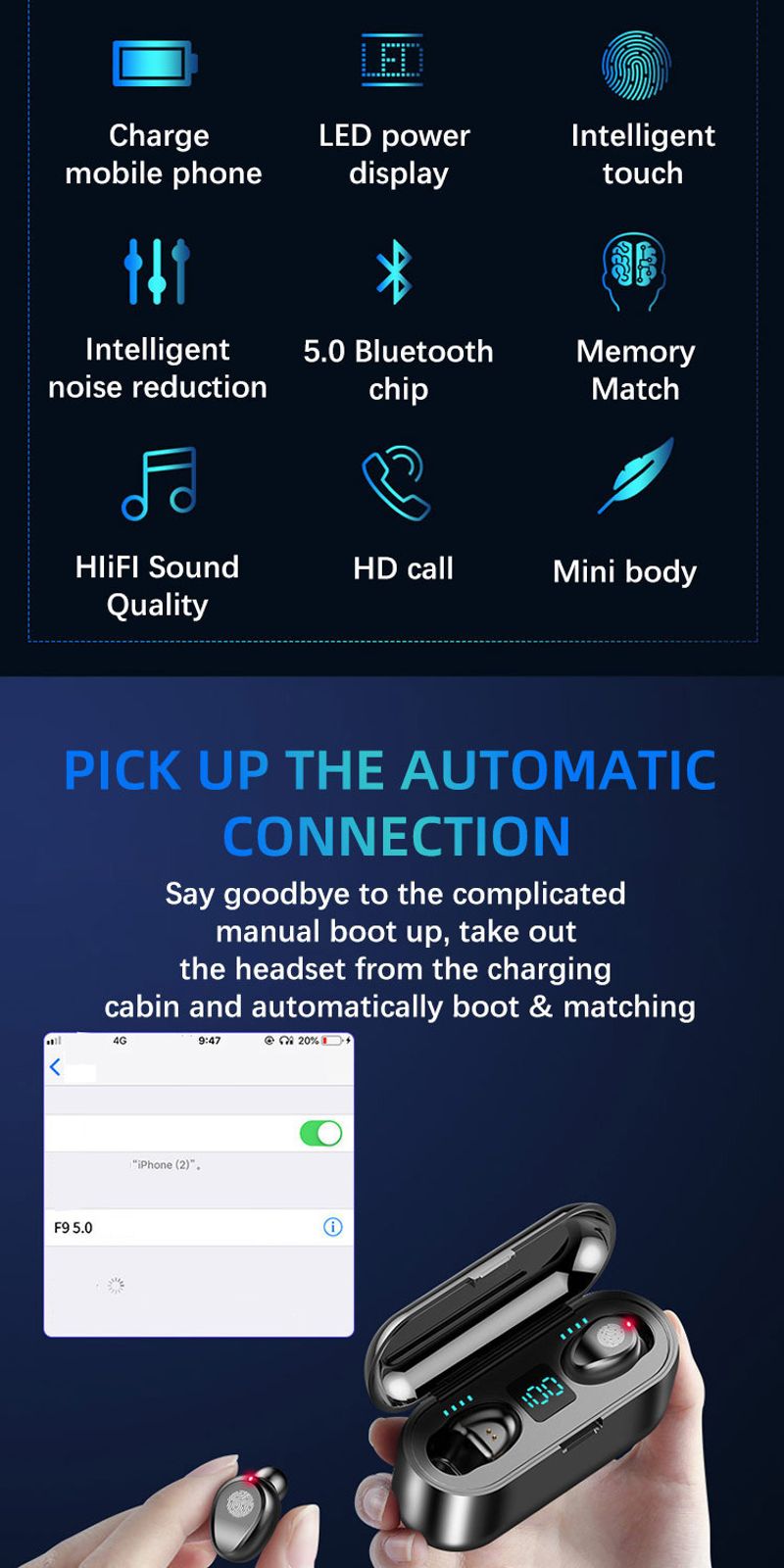 F9TWS Mini 5.0 Touch True Wireless Bluetooth Headphones Display Digital Two In Ear Waterproof Sport_voghion.com