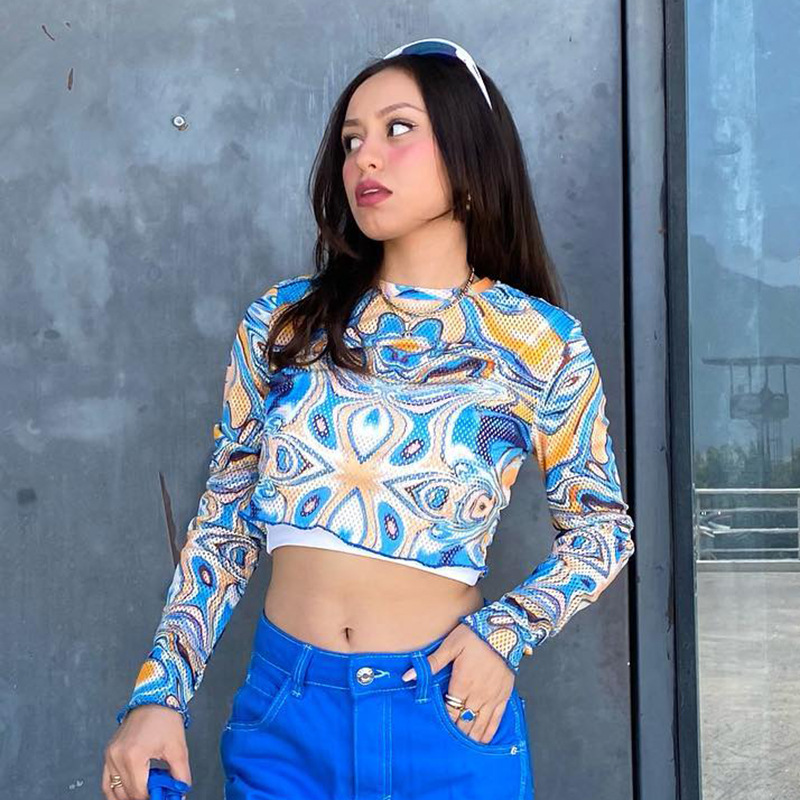 D22TP354 Autunno Nuovo 2024 Girocollo Maglione Manica Lunga Maglia Stampata Ombelico Aperto Top T-shirt Donna_voghion.com