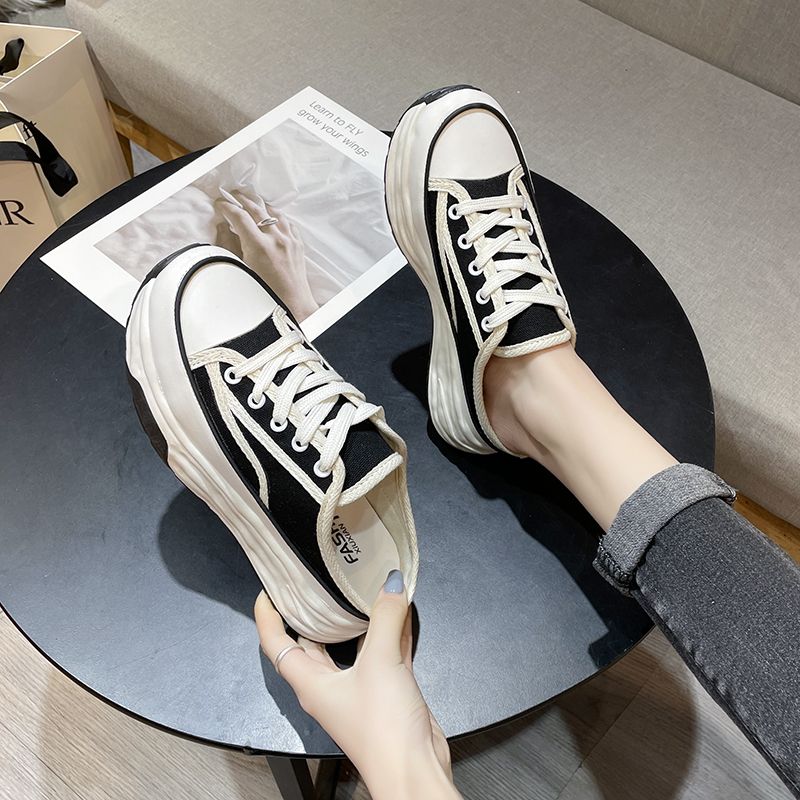 Pantofole casual in tela con lacci e stile Baotou, metà nuovo, primavera-autunno, moda donna 2023_voghion.com