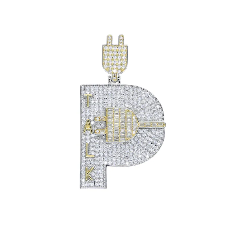 Chaînes Plaqué Or Hip Hop Hommes Bijoux Micro Pave Iced Out Bling Cubique Zircone Pavé Lettre P Forme Talk Plug Pendentif_voghion.com