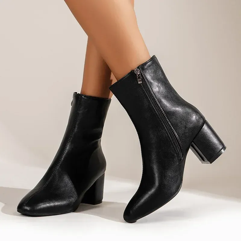 White Ankle Boots for Women Side Zipper Stretch Middle Heel Large Size Short Boot Fashion Pointed Shoes Botas De Mujer_voghion.com