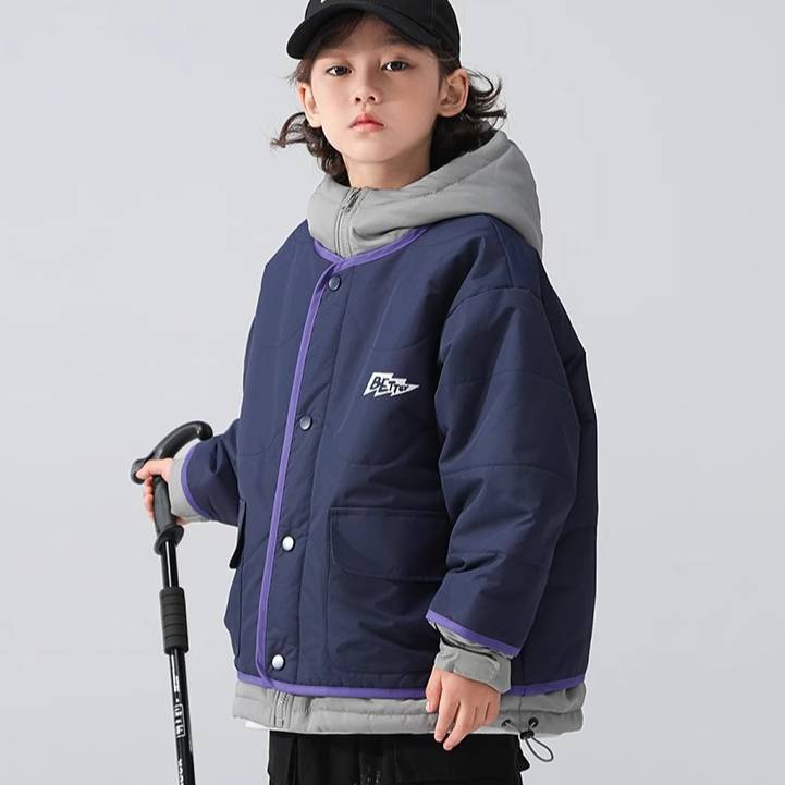​​Boys' Quilted Winter Jacket – Thickened Polyester Puffer Coat With High Neck & Zip Front (5 Sizes, Navy Blue)​​_voghion.com