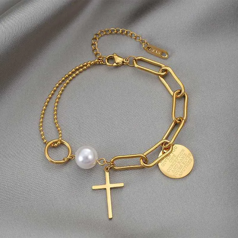 Pulsera de charm multicapa de acero inoxidable oro para mujer retro_voghion.com