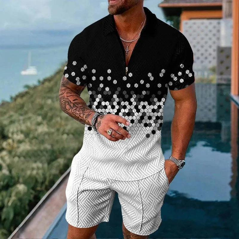 Survêtements pour hommes, ensemble de costume d'été imprimé 3D couleur unie, polo à manches courtes et short, mode fermeture éclair, deux pièces pour hommes_voghion.com